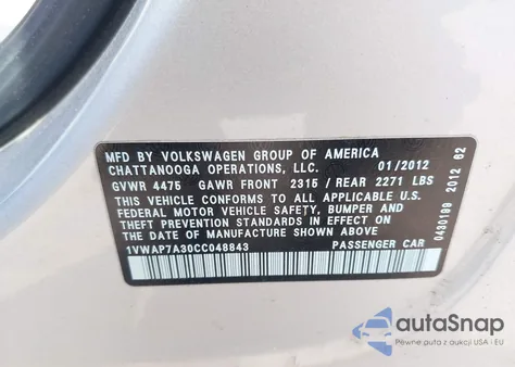 2012 Volkswagen Passat 2.5L S z USA, uszkodzony, nr VIN 1VWAP7A30CC048843